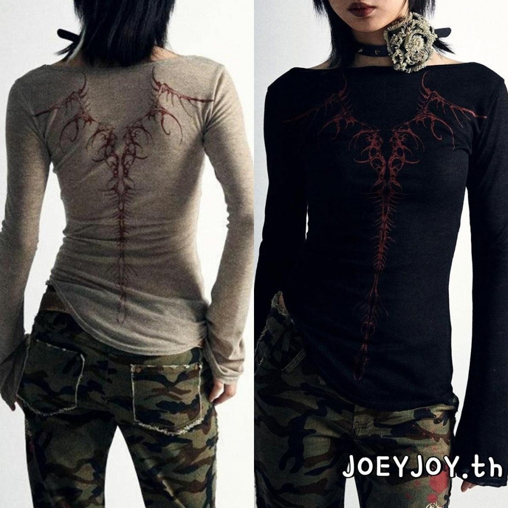 【ส่งจากไทย】 เสื้อยืดแขนยาวผู้หญิง Y2K พิมพ์เสื้อคอกลมฤดูใบไม้ผลิฤดูใบไม้ร่วงสลิมฟิตเสื้อลําลอง
