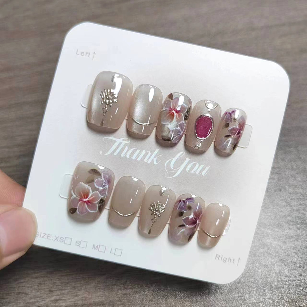 10pcs Cat Eye Handmade กดบนเล็บเล็บปลอมพร้อมสติกเกอร์กาว M306