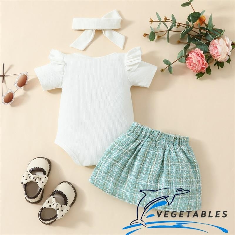 จือ-เด็กทารก3ชิ้นชุด รัฟเฟิล แขนสั้นเสื้อคลุมหลวมๆและลายสก๊อตพิมพ์ปุ่มกระโปรงคาดศีรษะเสื้อผ้าฤดูร้อนชุด - รูปที่ 2