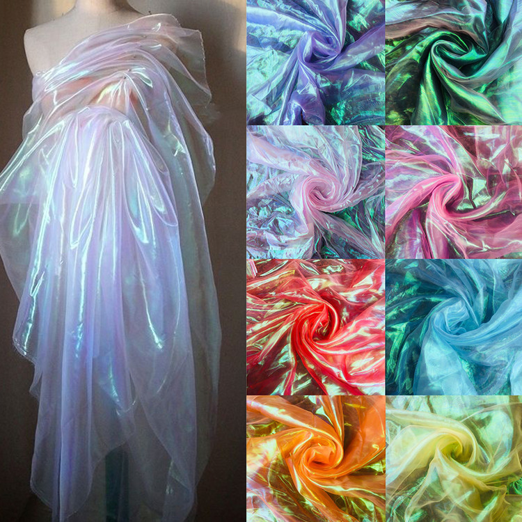 สีสันแก้วเส้นด้ายเลเซอร์tulleผ้าโปร่งใสเรืองแสงผ้าตาข่ายสําหรับจักรเย็บผ้าชุดเวทีแสดงเสื้อผ้าทําด้วยมือdiyงานแต่งงานวันเกิดdecoraction