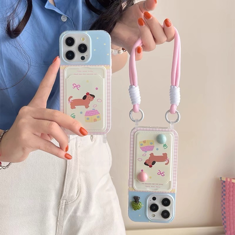 ตารางการ์ตูนสุนัขกระเป๋าการ์ดเหมาะสําหรับ Apple 16ProMax 15 Promax เคสโทรศัพท์ IPhone 13 ใหม่ 14 พร้อมเชือกแขวน Soft Case 12 Pro น่ารัก 14 Promax Apple 13 เคสโทรศัพท์
