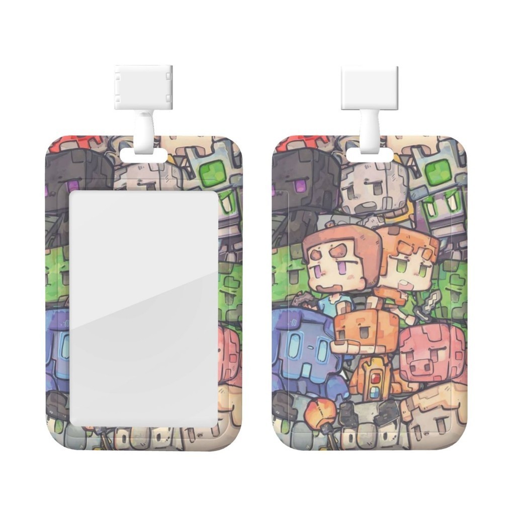 Minecraft ID Card Badge Holder Badge Lanyard การ์ตูนอะนิเมะกรณีชื่อแท็กแบบพับเก็บได้