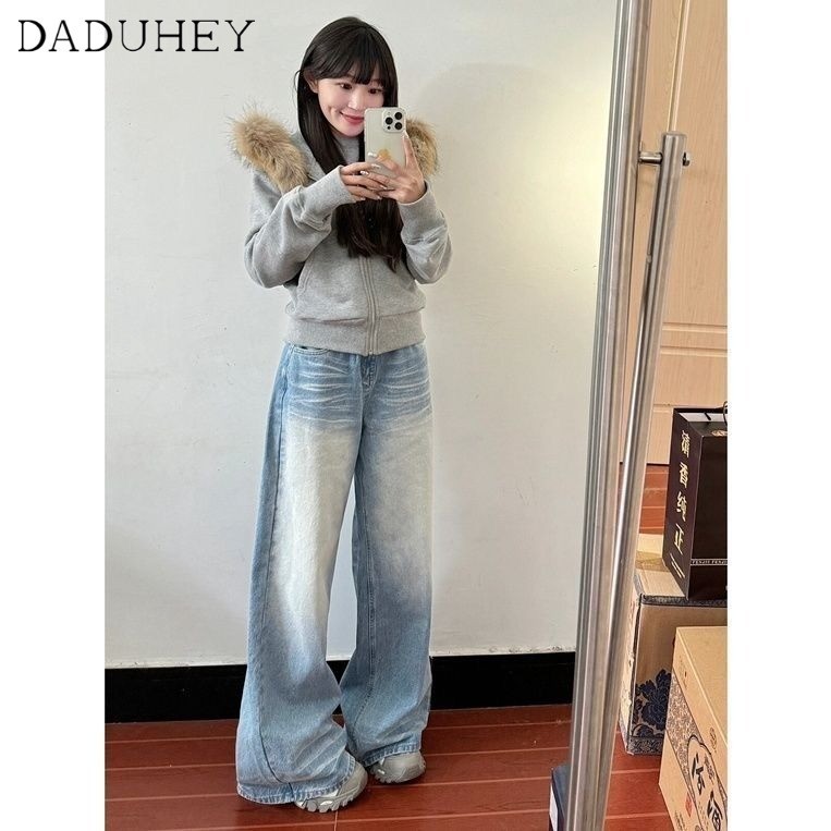 DaDuHey2026 Spring and Summer Design Sense High Waist Loose and Slimming Straight-Leg Pants Women's American-Style Retro Washed White Wide-Leg Jeans