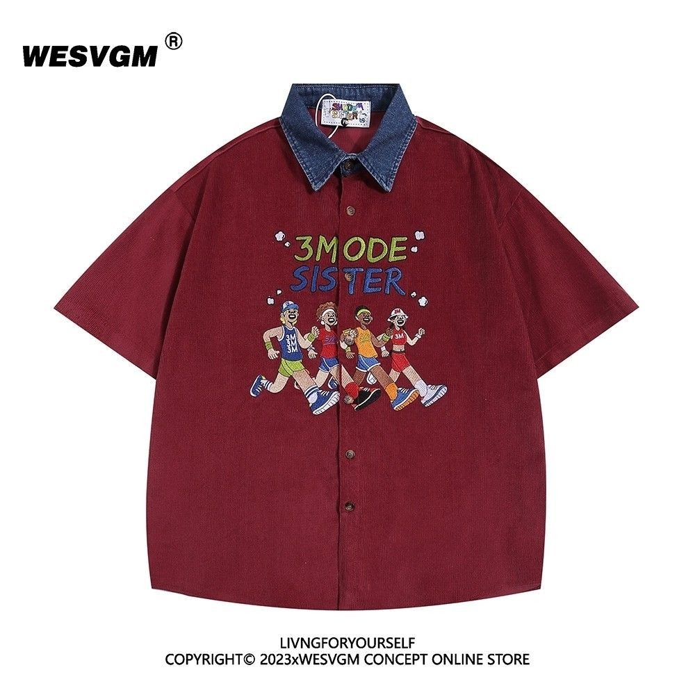 ฤดูร้อนอเมริกันย้อนยุคปักเย็บปะติดปะต่อกันแขนสั้นเสื้อผู้ชายและผู้หญิงหลวมแนวโน้มด้านบน