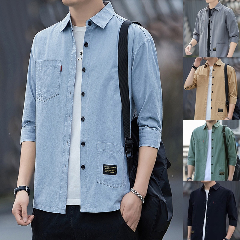 【จัดส่งภายใน 24 ชม】 Maisida เสื้อเชิ้ตลําลองสําหรับผู้ชายเสื้อเชิ้ตแขนสามส่วนมีกระเป๋าสไตล์ฮ่องกงแฟชั่นฤดูร้อนสําหรับผู้ชาย