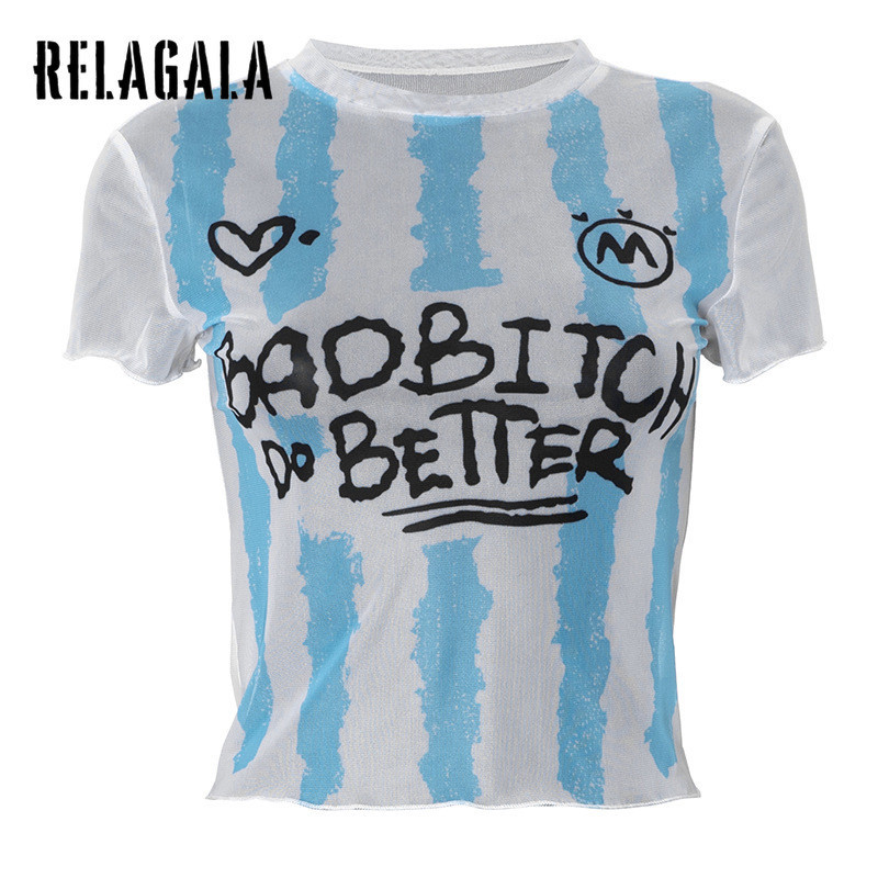 Relagala ผู้หญิง 2024 ใหม่แฟชั่นสไตล์กีฬาลายพิมพ์ตัวอักษรมุมมอง Navel เสื้อยืดสั้น