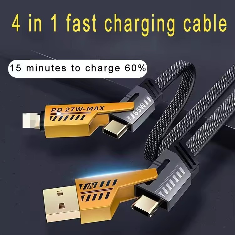สายเคเบิลข้อมูลสี่ในหนึ่งเดียว PD27W + Type-c65w เหมาะสําหรับ iphone โทรศัพท์ Android Dual Fast Charge Mecha สายเคเบิลข้อมูลสองถึงสอง