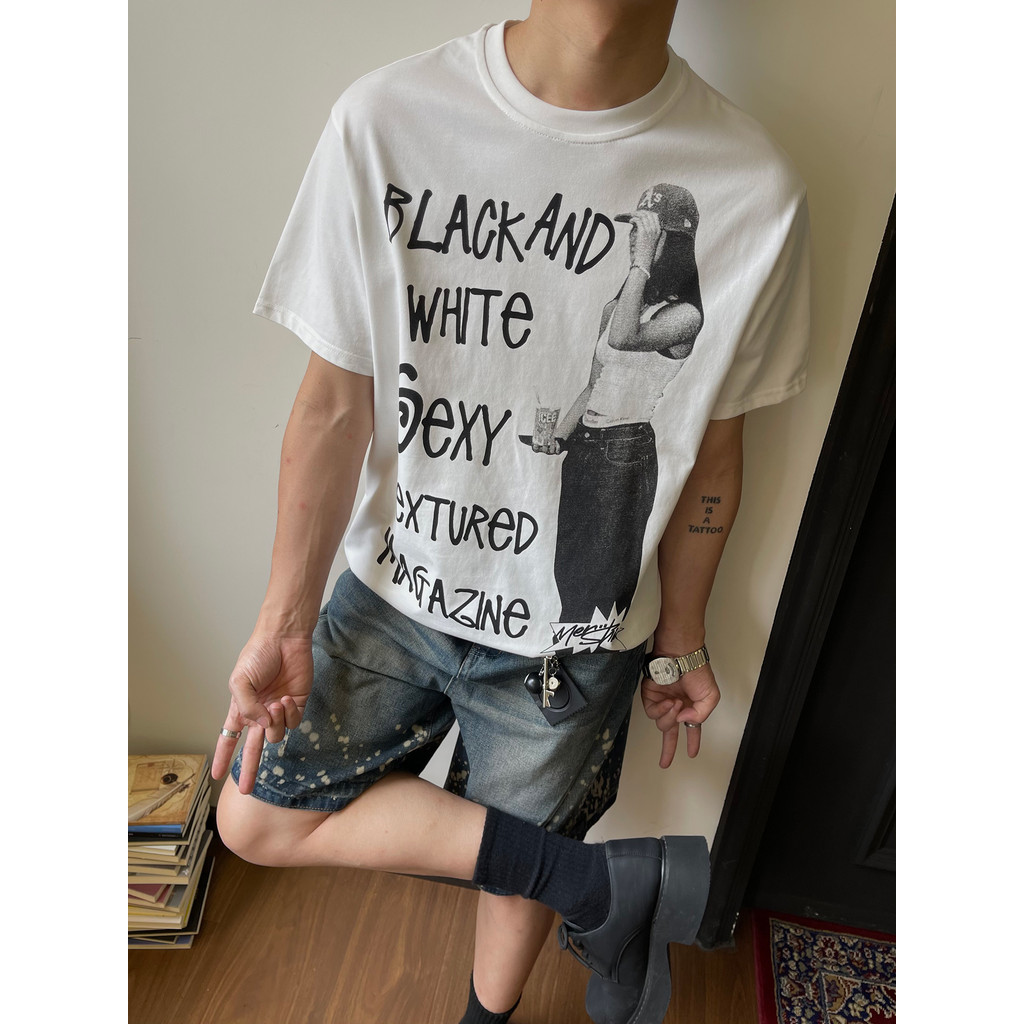 Beeyanbuy เสื้อยืด Unisex, เสื้อยืดแขนสั้นพิมพ์ลายตัวละครสตรีทฮิปฮอปย้อนยุค #I208