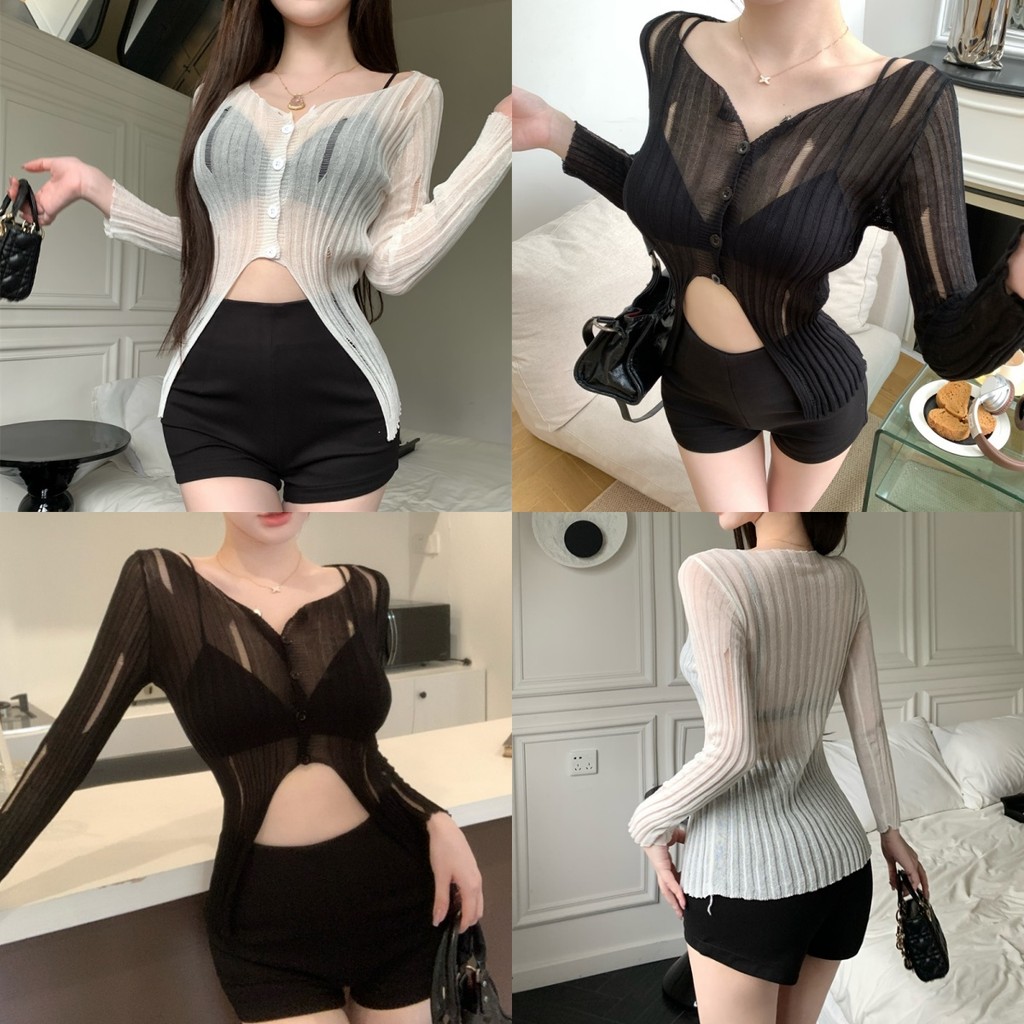 Evelyn เสื้อถักไหมพรมแขนยาว คอวี มินิมอลดีเทลขาดๆ เซ็กซี่ สไตล์ลำลอง เข้ารูป ทรงสวย หลากสี#MT725