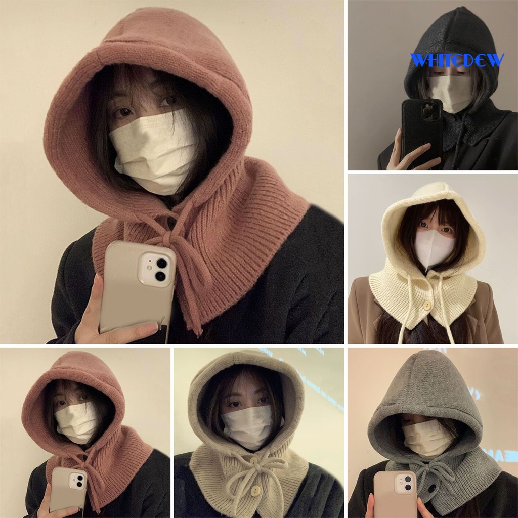 WHT-ผู้หญิงหมวกฤดูหนาวLace UpหนาWindproofคอป้องกันสีทึบผ้าพันคอผ้าพันคอผสมถักGothicปุ่มปิดLadyหมวก