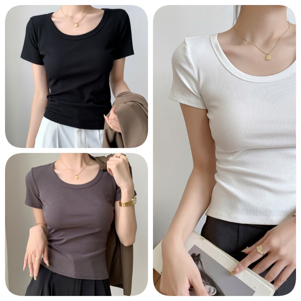 Luna Shop เสื้อยืดคอกลมผ้าริบสีพื้นสไตล์เกาหลี