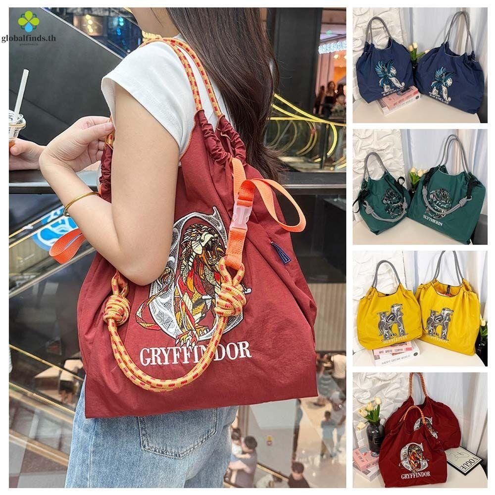 Lfinds กระเป๋าถือ Drawstring ไนลอนสไตล์เกาหลี Ball&Chain เย็บปักถักร้อยกระเป๋าถือ,วรรณกรรมการพิมพ์กระเป๋าเก็บขนาดใหญ่ความจุ INS กระเป๋าสะพายวันหยุด