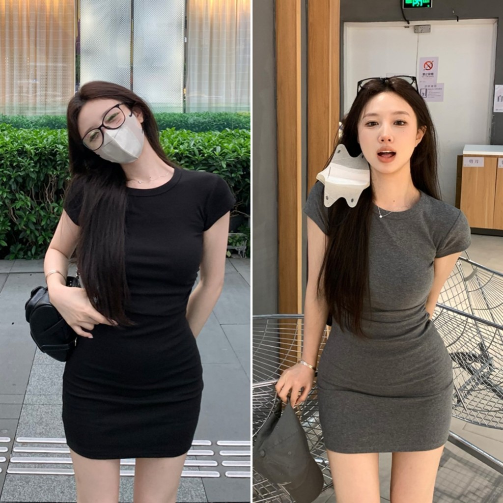 Hotgirl พร้อมส่ง✨ชุดผู้หญิง ชุดเดรสสั้นผู้หญิง เดรสเซ็กซี่แขนสั้น สีผื้น ดีไซน์จีบเซ็กซี่ (เทา/ดำ)