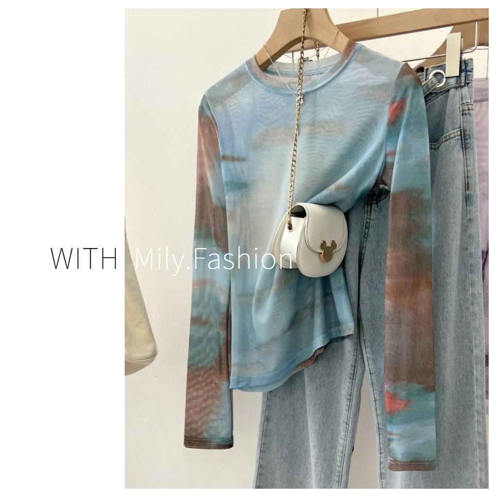 Milyfashion Tie-Dye พิมพ์รอบคอแขนยาวเสื้อยืดสุภาพสตรีฤดูร้อนสไตล์ใหม่เกาหลีรุ่นยืด Slimmer