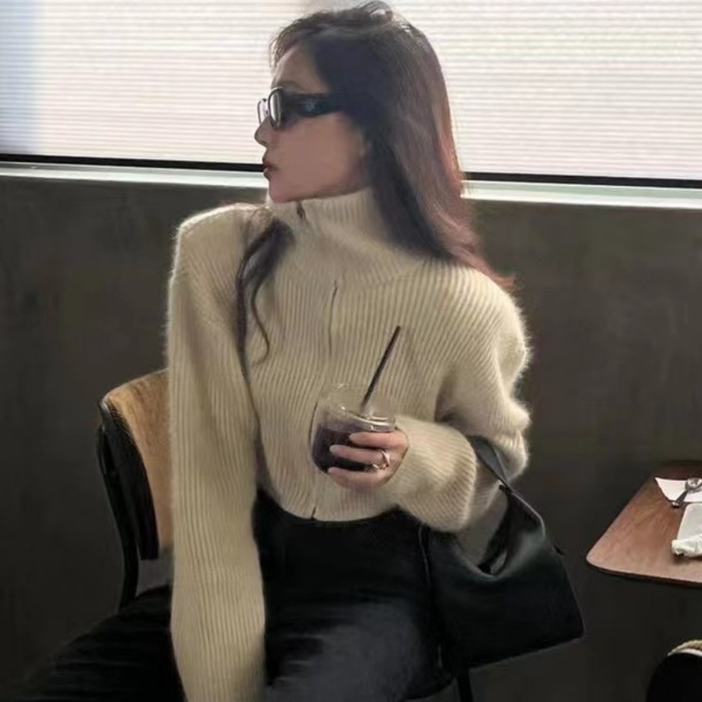 เกาหลีทงแดมุนฤดูใบไม้ร่วงและฤดูหนาวสไตล์ใหม่ทุกแมทช์คอตั้งซิปสองหัวหนาเสื้อสเวตเตอร์แขนยาวผู้หญิงอินเทรนด์กำมะหยี่สไตล์ของฉัน taaq