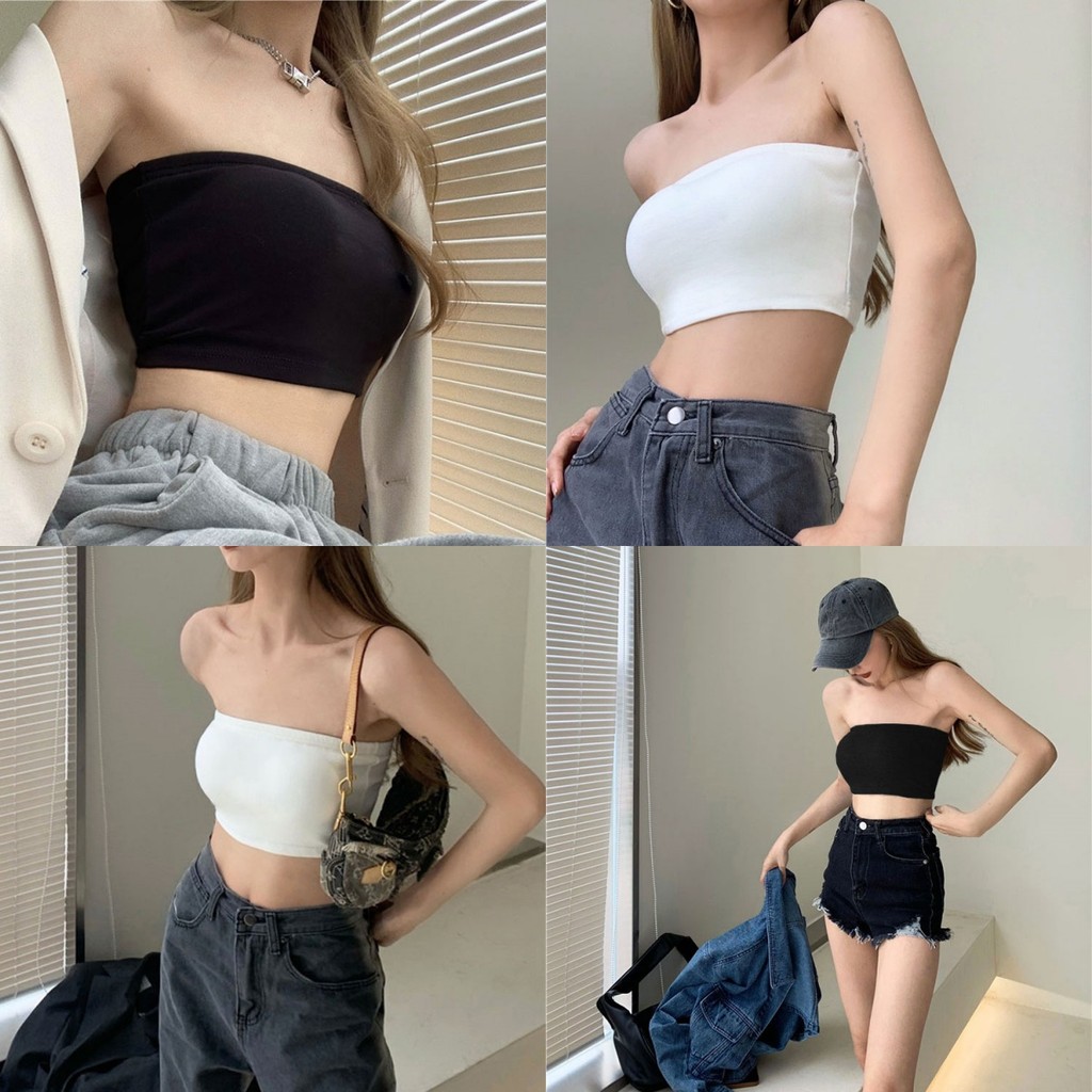 🍑Evelyn🍑เสื้อเกาะอก สีพื้น สลิมฟิต ผู้หญิง ผ้านิ่ม ใส่สบาย ใส่ไปทะเล ส่งไวจากไทย