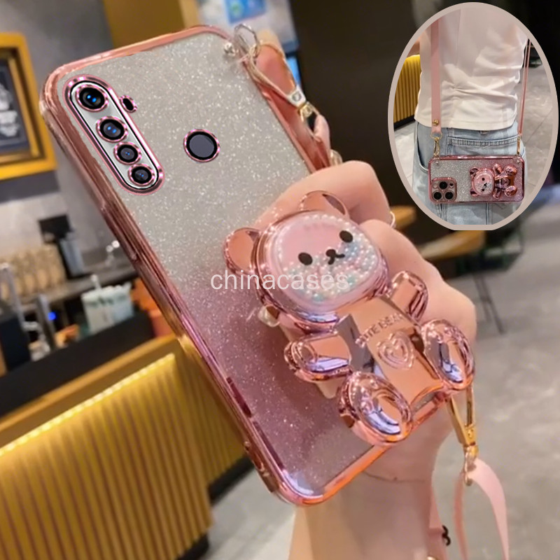 ปลอกrealme 5 5i 5s 6i c3 5 9 Pro XT Realme 8 4G 5G Pro Realme 7 7i C17 C7 กรณีElectroplatingโปร่งใสGlitter 3D Quicksandหมีวงเล็บเคสโทรศัพท์พร้อมCrossbody Lanyard