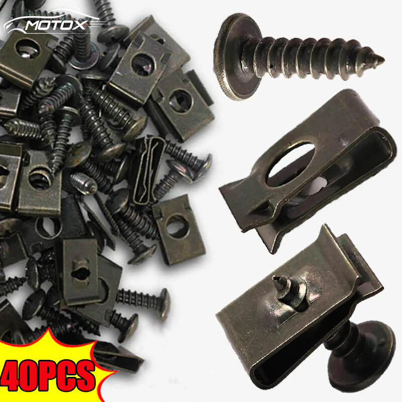 MOTOX 40pcs Car Self-tapping Screw Fastener Army Green Metal U-Type Clip Set Mudguard Bumper Modification Clips