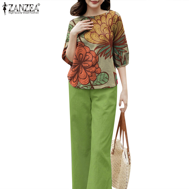 Zanzea ผู้หญิงเกาหลีแขนโคมไฟ Splicing การพิมพ์เอวยางยืดเสื้อหลวมและกางเกงขายาว
