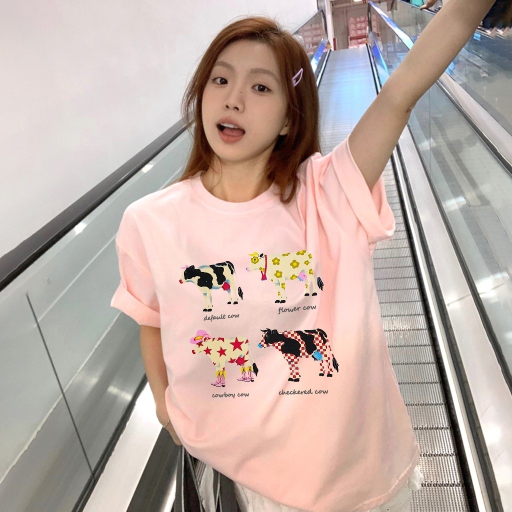 Basi เสื้อยืด oversize unisex ลายวัวน่ารักๆ ผ้าคอตตอน100% คอกลม แขนสั้น ผ้านุ่ม ใส่สบาย สไตล์เกาหลี มินิมอล
