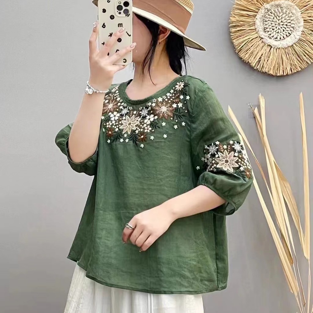 ปักhigh-end RamieสามQuarterแขนเสื้อผู้หญิงฤดูร้อนหลวมSlimmerดูผ้าฝ้ายผ้าลินินรอบคอPulloverเสื้อขนาดเล็ก