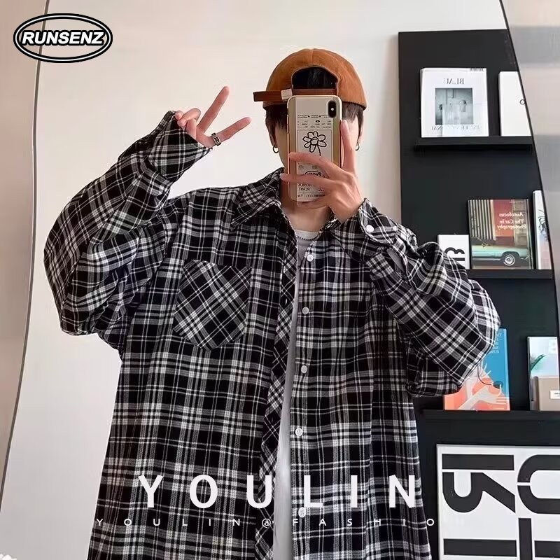 M-8xl เสื้อเชิ้ตลายสก๊อตสีดําสไตล์เกาหลีผู้ชายเสื้อเชิ้ตแขนยาวขนาดบวกฤดูใบไม้ร่วงลําลองหลวมOversize Top