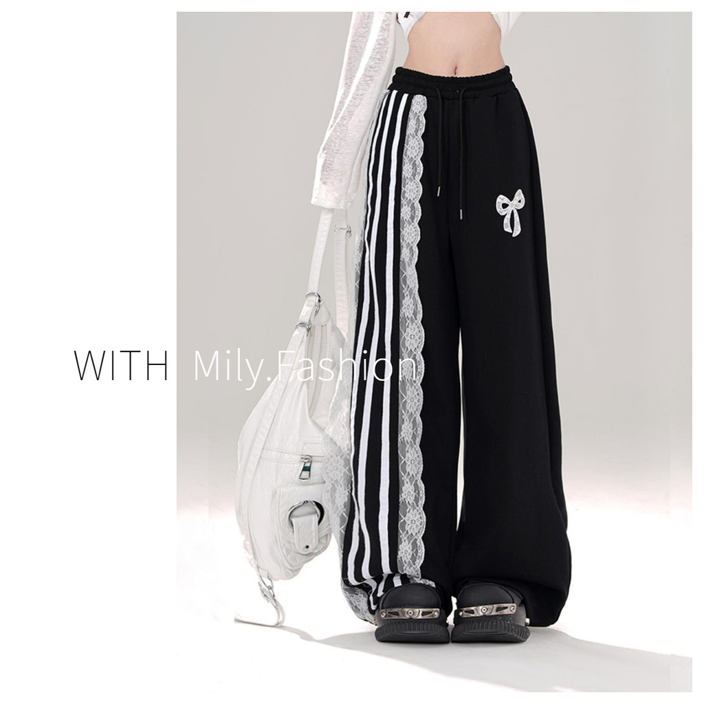 Milyfashion เสื้อผ้าผู้หญิงพลัสไซส์กีฬาหลวมลูกไม้สีดำกางเกงลำลองผู้หญิงฤดูร้อนขากว้างตรงกางเกงลายทาง