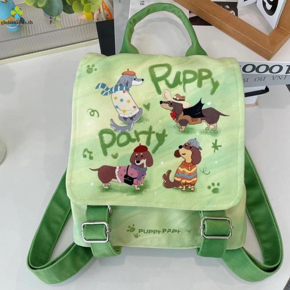 Lfids กระเป๋าเป้สะพายหลังการ์ตูน, Y2K Canvas Puppy Party Backpack, สีชมพูหวานสีเขียวน่ารัก Packsack School Bag Girl