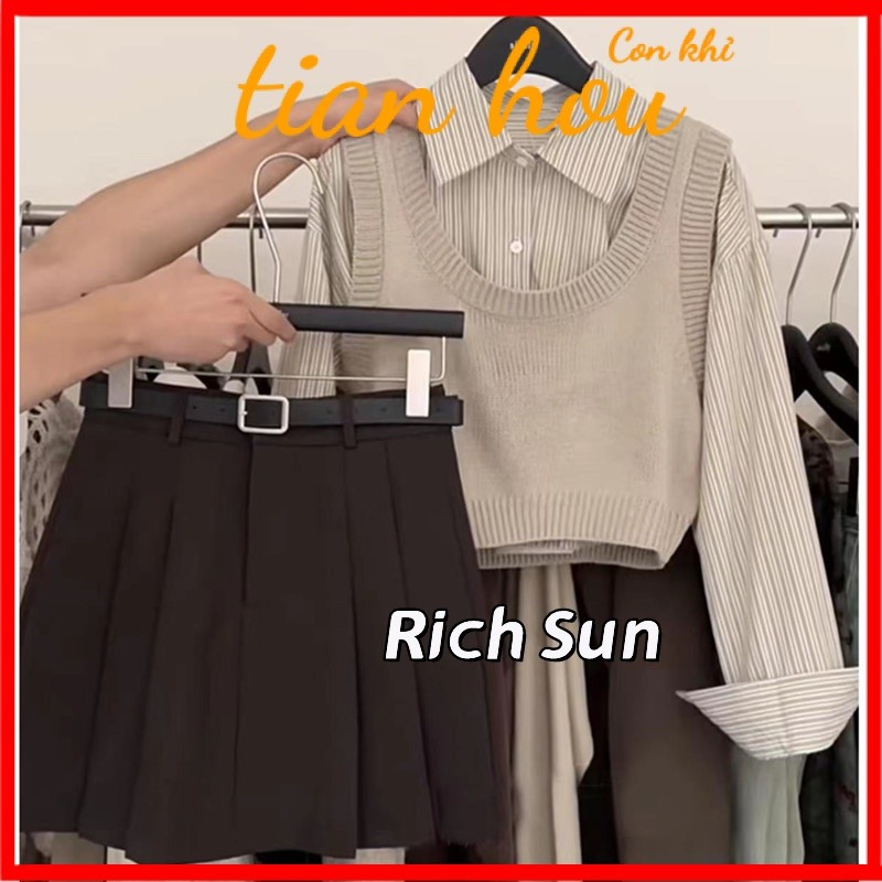 สินค้าใหม่ฤดูใบไม้ร่วงอ่อนโยนสวมใส่กับผู้หญิงใหม่สไตล์เกาหลีเสื้อเชิ้ตลดอายุเสื้อกั๊กแมทช์ลุคง่ายกระโปรงเอวสูงชุดสามชิ้นแฟชั่น