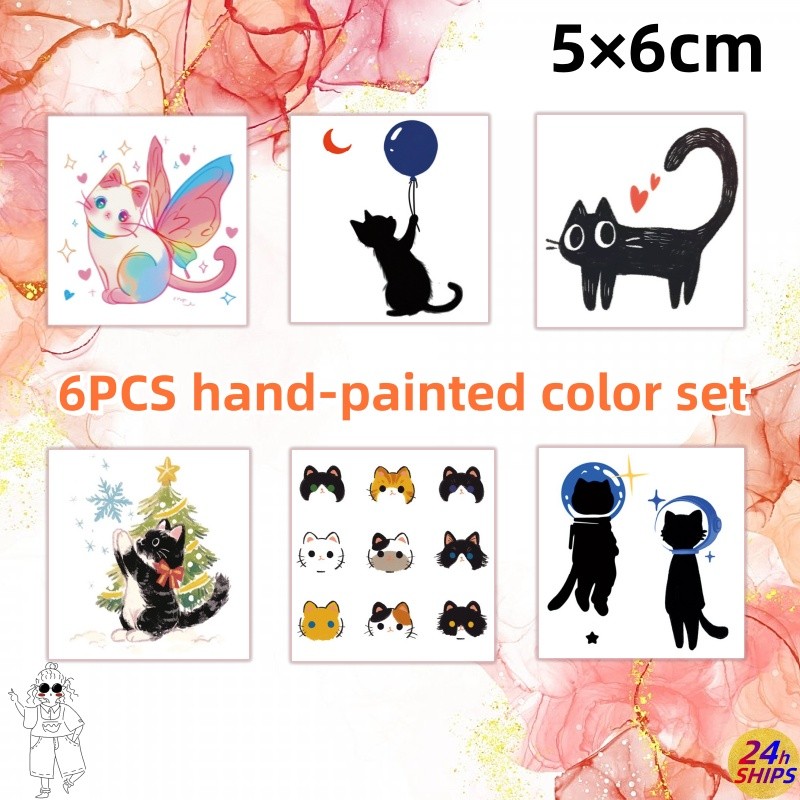 6ชิ้นมือวาดสีดําลูกแมวลายสักสาวเซ็กซี่แขนสักสติกเกอร์รอยสักกันน้ํายาวนาน7วันผิวสติกเกอร์ชั่วคราวสักปลอม