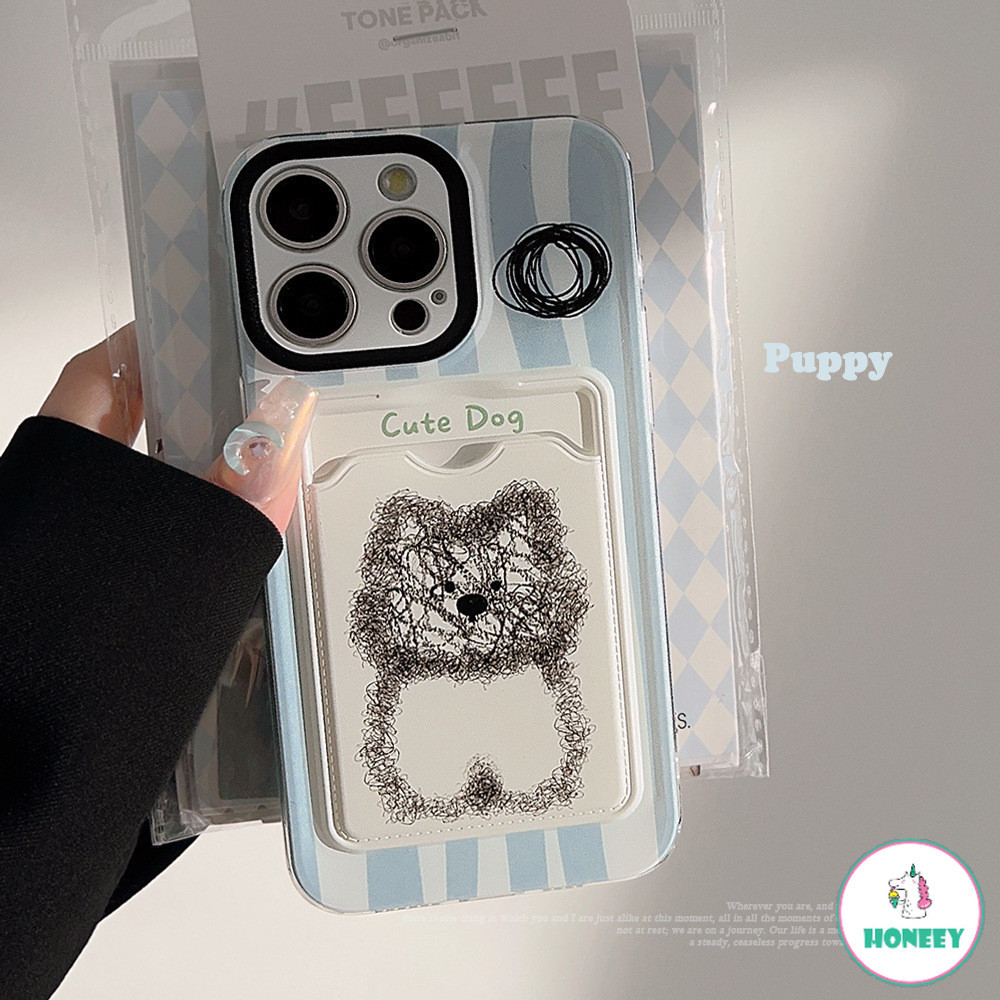 น่ารักการ์ตูนสีฟ้าลายเคสโทรศัพท์น่ารักลูกสุนัขช่องใส่การ์ดสําหรับiphone 15 14 Pro Max 11 12 13 Plus XR XS Max 7Plus 8Plusเต็มเลนส์ป้องกันกันกระแทกปกหลัง