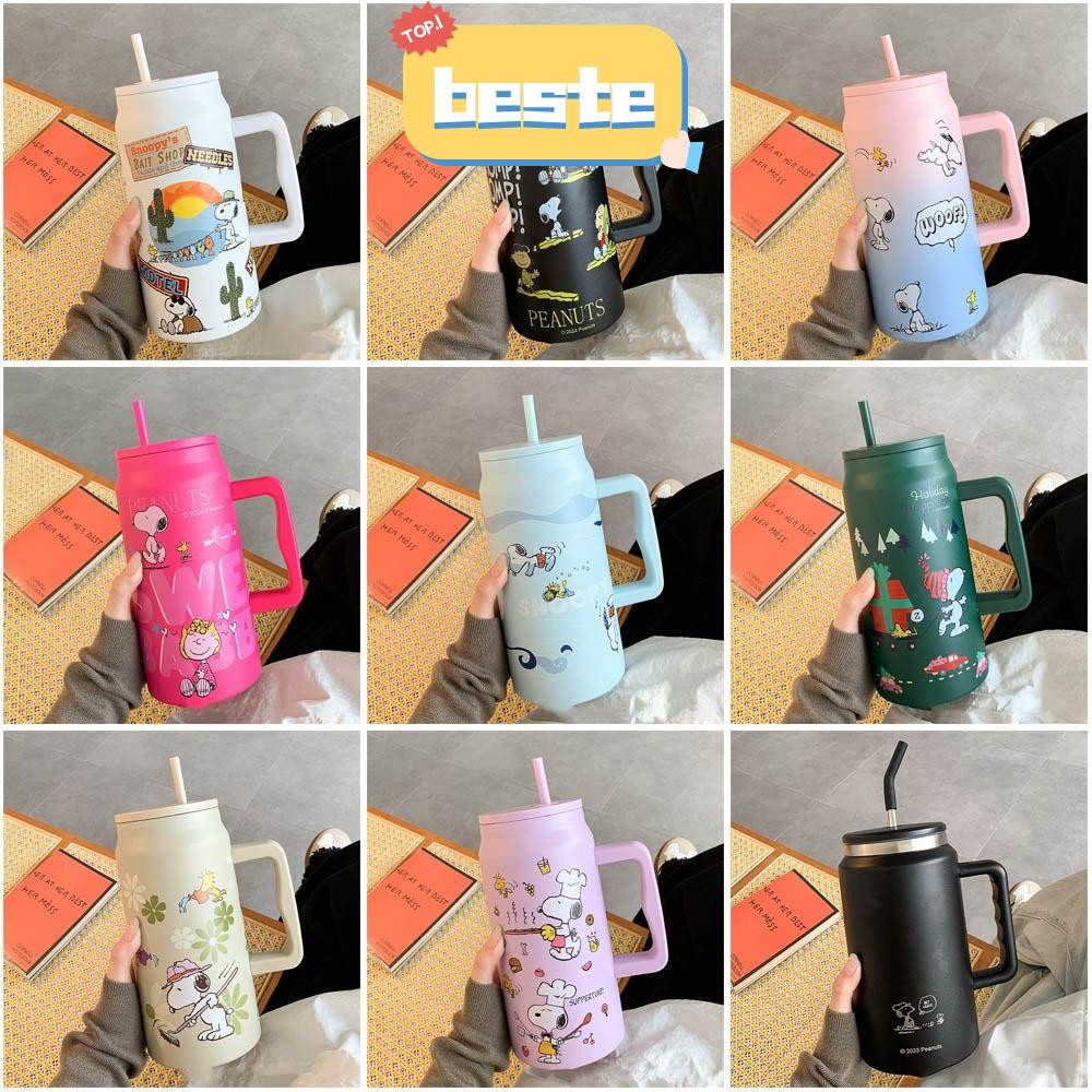 Beste Snoopy แก้วเก็บความเย็น 1500ml พร้อมที่จับและฝาฟางถ้วยแก้วกระติกเก็บความร้อนและเย็นถ้วยน้ำในรถ
