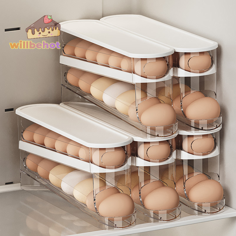 [WillbehotT] ตู้เย็นกล่องเก็บไข่เลื่อนอัตโนมัติที่วางไข่ในครัวเรือนความจุขนาดใหญ่ห้องครัวทุ่มเทม้วนปิดชั้นเก็บไข่ [ใหม่]