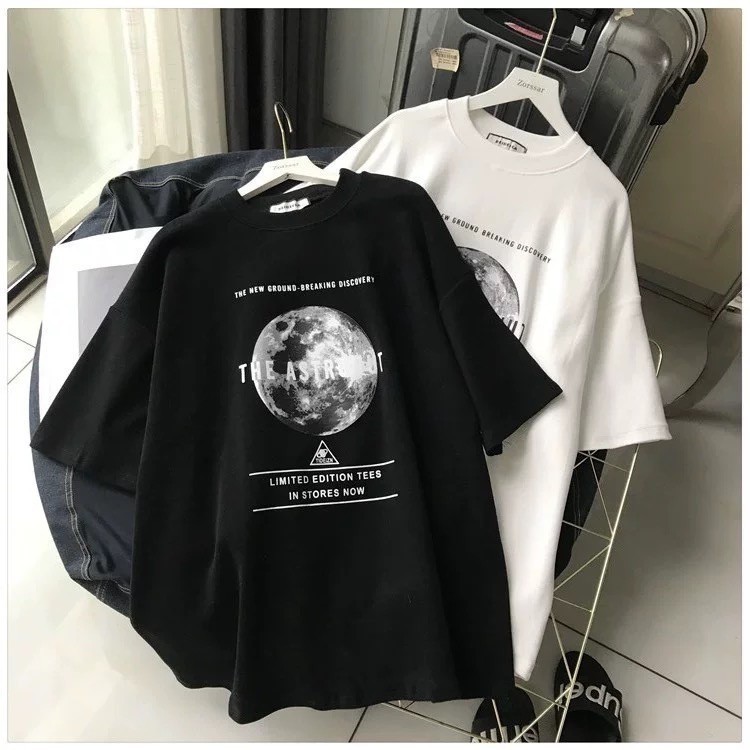 เสื้อยืดคอกลม แขนสั้น ผ้าคอตตอนแบบนิ่มไม่ย้วย พิมพ์ลายพระจันทร์วินเทจเท่มากๆ สไตล์วัยรุ่น ผ้าฝ้ายนุ่ม1