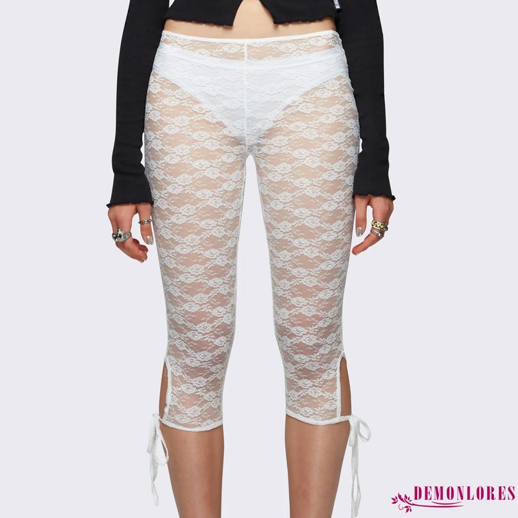 Demonlores- ผู้หญิงลูกไม้ Capri กางเกง Casual Bandage Cutout กางเกงขาสั้นยืดหยุ่นซีทรู