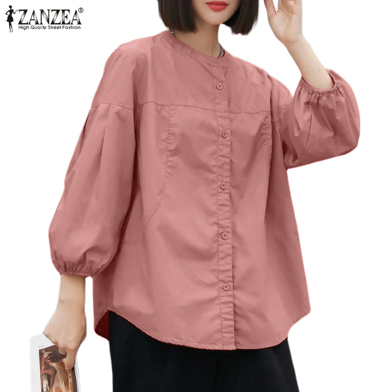 ZANZEA ซานเซีย ผู้หญิงเกาหลีลําลองคอกลมสีทึบหลวม3/4แขนเสื้อ
