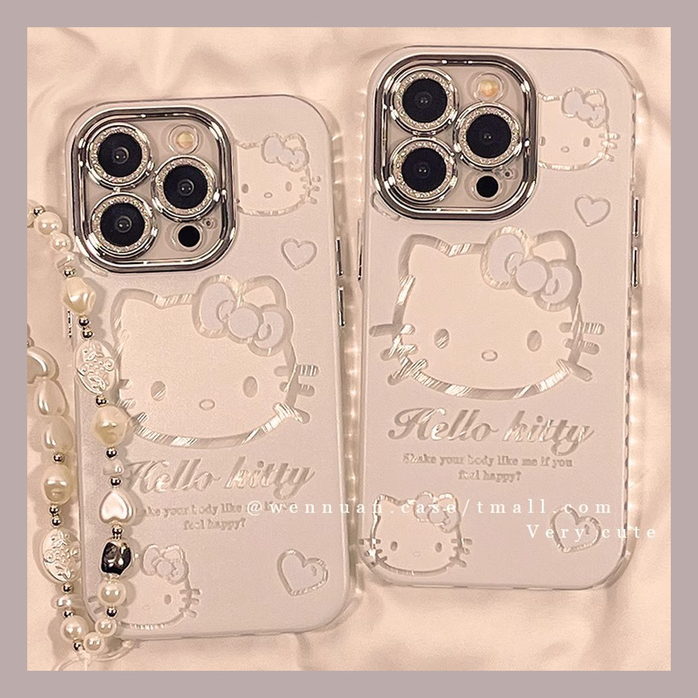 สําหรับ IPhone 14 Pro Max IPhone Case Thicken IMD Hard Case IPhone 11 น่ารัก Hello Kitty สายรัดข้อมือสร้อยข้อมือ Electroplated เลนส์ฟิล์มสําหรับ IPhone 16 15 14 13 12 11 Pro Max