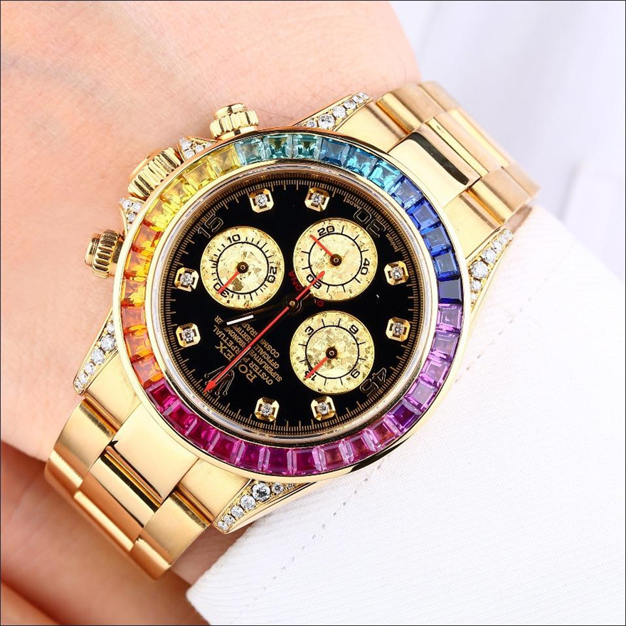 Rolex Rolex นาฬิกาผู้ชาย Daytona Automatic Mechanical Rainbow Ring หลังเพชร116528