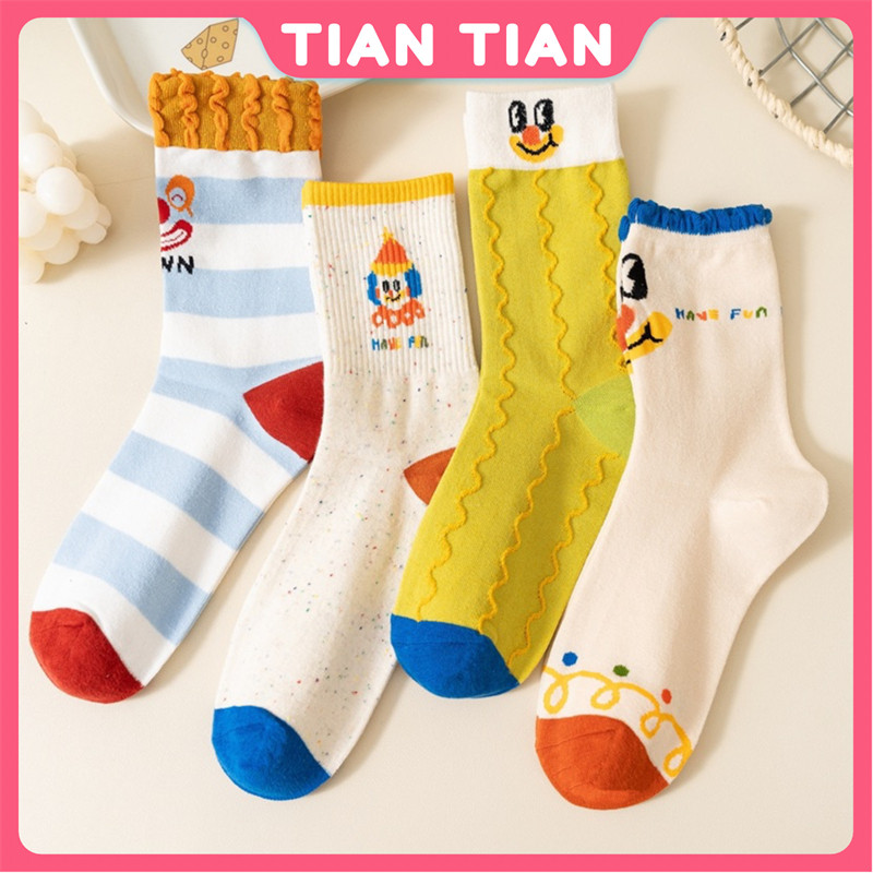 TIANTIAN T376ถุงเท้าลายการ์ตูนสุดคิวท์ สไตล์ตัวตลก แฟชั่นอินสตาแกรม! ถุงเท้ายาวคู่รัก ฝ้ายแท้นุ่มๆ ดีไซน์แปลกตา ลูกไม้เท่ๆ สำหรับสตรีทสไตล์