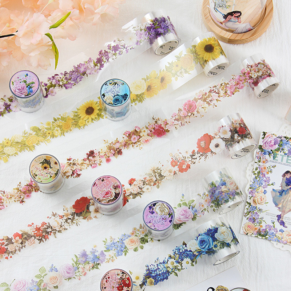 Pet โปร่งใสดอกไม้เทป DIY Scrapbooking อัลบั้ม Collage เทปกันน้ําเครื่องเขียน