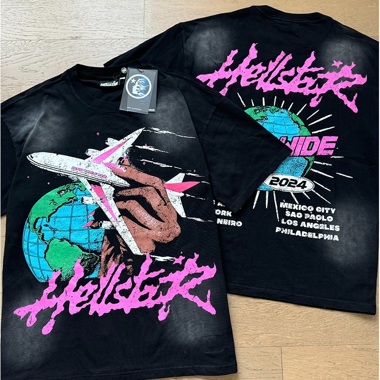 สมจริง Hellstar Letter Earth Plane พิมพ์ Hell Star Wash Water เสื้อยืดแขนสั้นพิมพ์ลาย