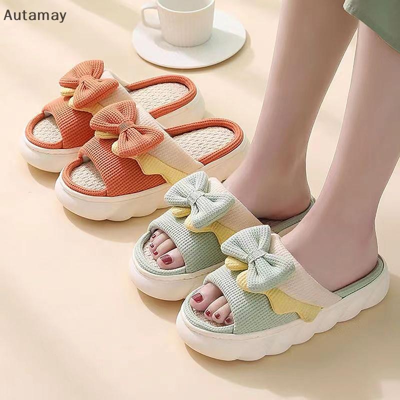 Autamay ผ้าลินินรองเท้าแตะผู้หญิงรองเท้าแตะในร่ม Comzy Anti-Slip House รองเท้าผ้าฝ้ายน่ารัก Bowknot รองเท้าแตะแบนคู่สไลด์ฤดูใบไม้ผลิฤดูร้อนใหม่