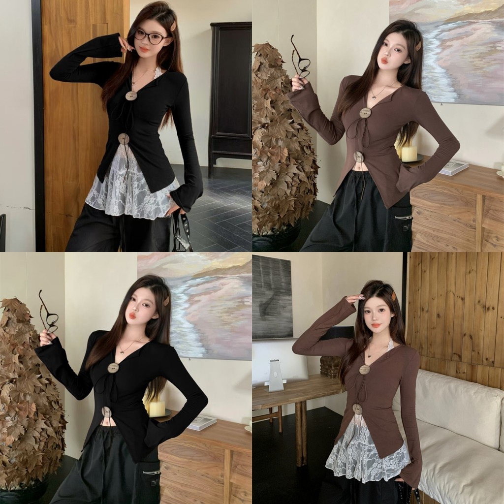 Evelyn ​เสื้อแขนยาวไหมพรม /คล้องคอลูกไม้ น่ารัก สีพื้นใส่สบาย ทรงสวย สไตล์เกาหลี#M0771/25113
