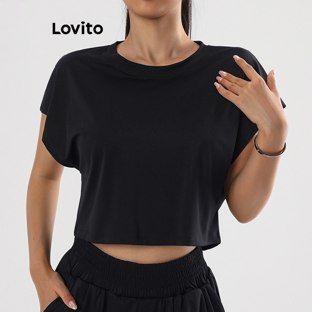 Lovito เสื้อยืดผู้หญิง ใส่เล่นกีฬา แห้งเร็ว สีพื้น สไตล์สปอร์ต LNL51235