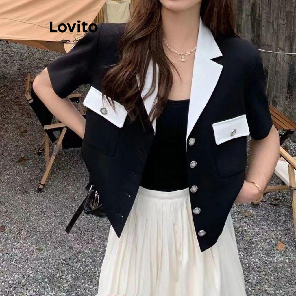Lovito เบลเซอร์ผู้หญิง มีกระดุม สีพื้น สไตล์ลำลอง LNA66330