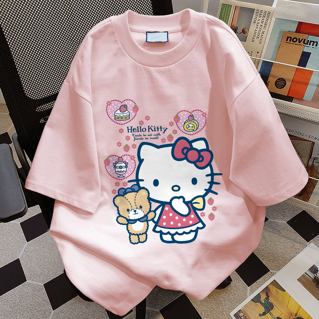 TIHIK เสื้อยืด ลายการ์ตูน โอเวอร์ไซส์ 100%Cotton เสื้อยืดแขนสั้นลายการ์ตูนน่ารักหลวม I000198