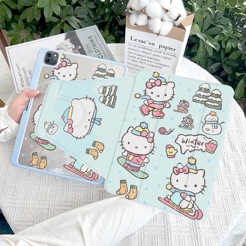 720° เคส iPad หมุนได้พร้อมช่องเสียบปากกาสเก็ตน้ําแข็งเล่นสกี Hello Kitty อะคริลิค Backboard Pro11 Gen10 Gen9 Gen8 Gen7 10.2 นิ้ว Gen6 Gen5 Air6 Air5 Air4 Air3 Air2 ฝาครอบ iPad หมุนได้