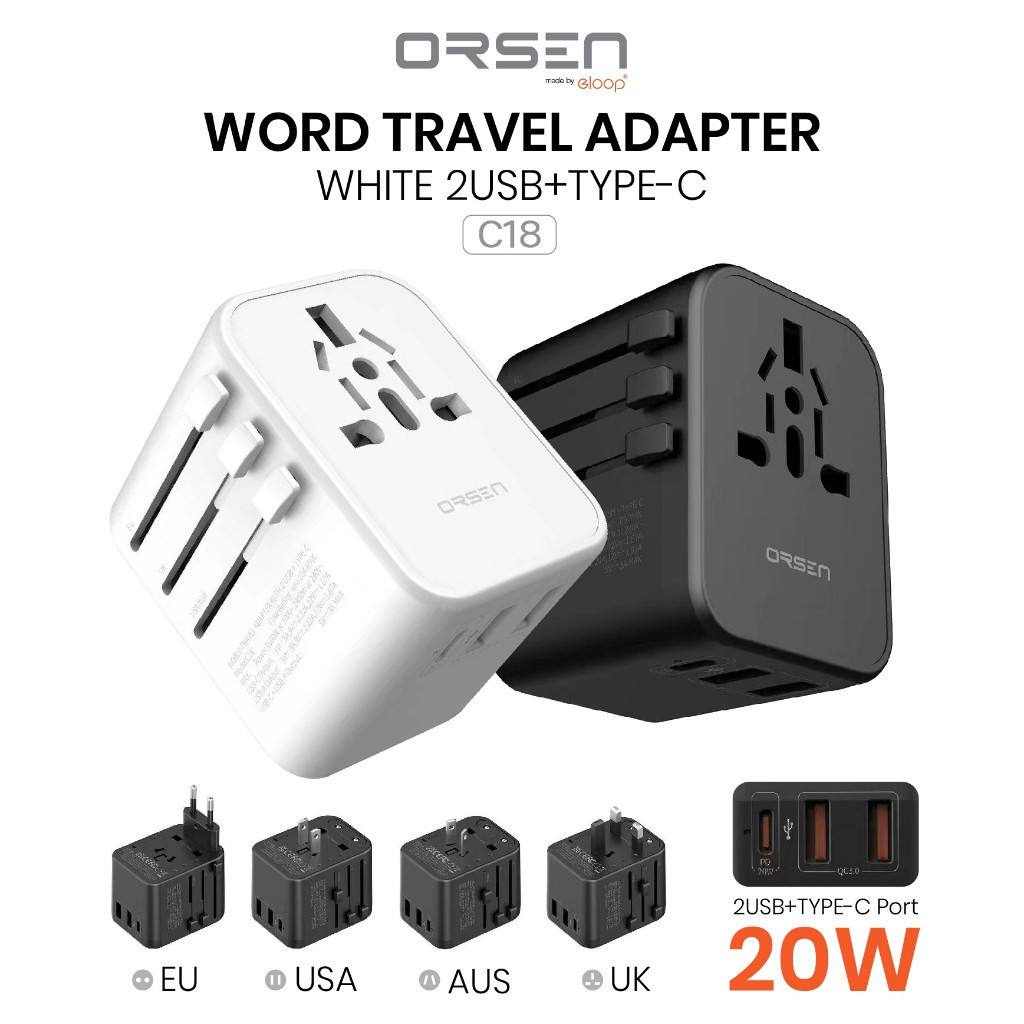 [380บ. โค้ดคุ้ม] Orsen by Eloop C18 สีดำ ปลั๊กเสียบ 2USB1Type-C ปลั๊กทั่วโลก Universal Converter