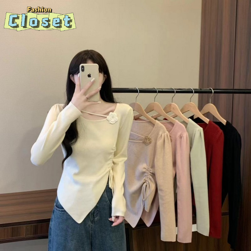 Cilset พร้อมในสต็อก ผู้หญิงเ เสื้อไหมพรมแขนยาว,ดีเทลแต่งสายคาด ติดดอกไม้ /Y-P37