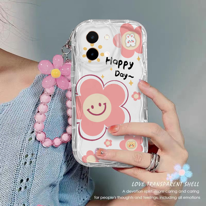 เคส Vivo Y28 เคสโทรศัพท์ใส ดอกไม้ เชือกห้อยลูกปัด เคสโทรศัพท์กันกระแทกแบบใส